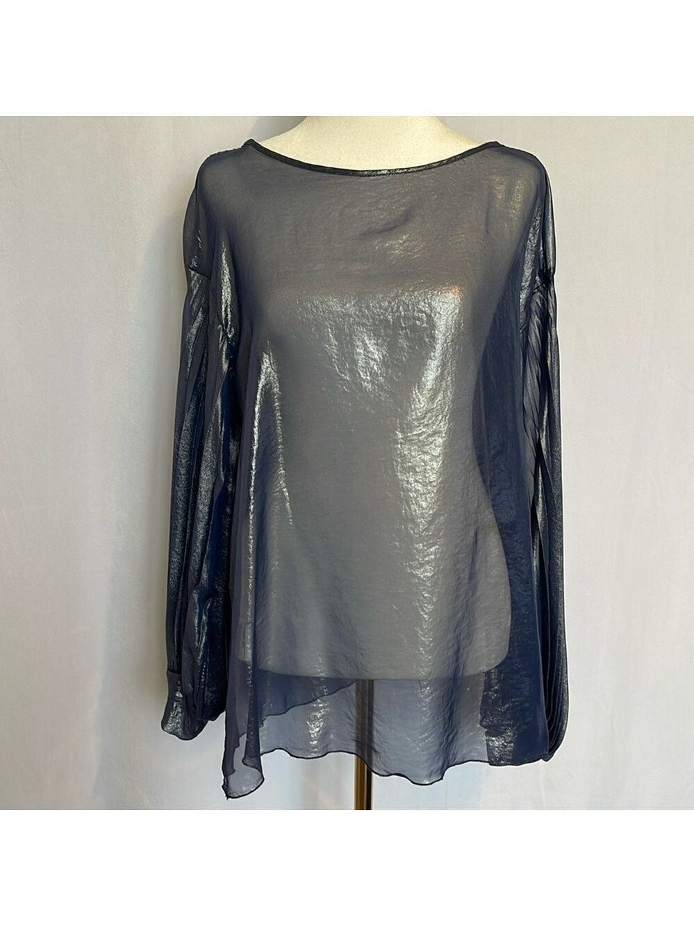 Siste‘s Italy Women's Blue Grey Sheer Blouse Size S Oversized Pleated Sleeve EUC